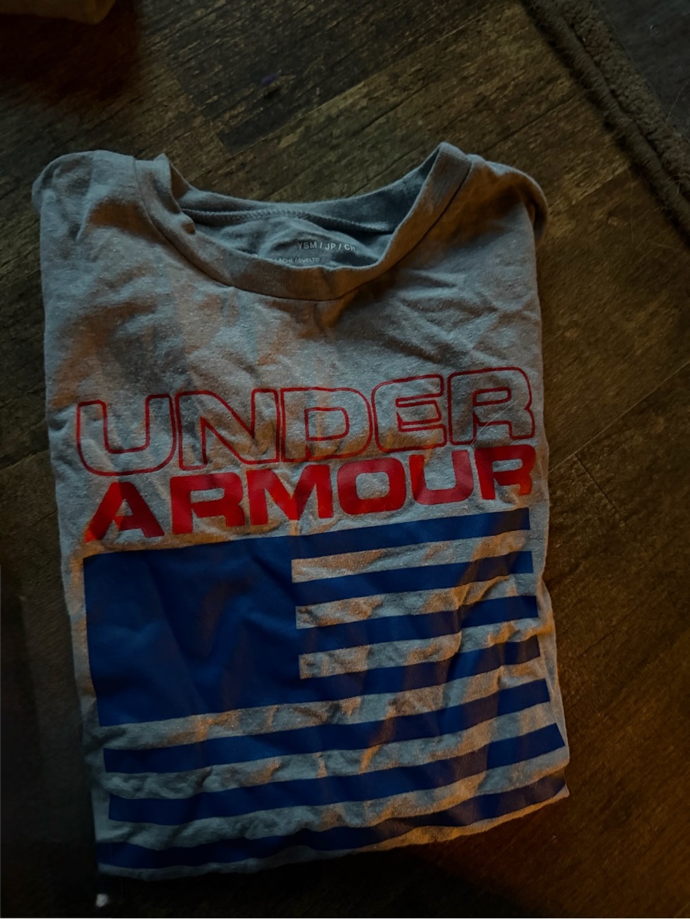 Under Armour Gray Tee with Red Logo and Blue Graphic